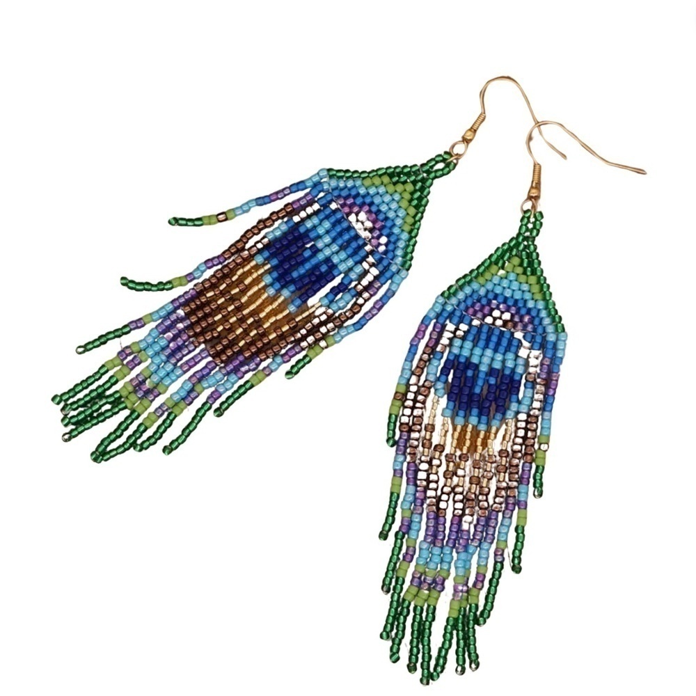Handmade Beaded Peacock Feather Earrings – Bold Boho Statement Jewelry
